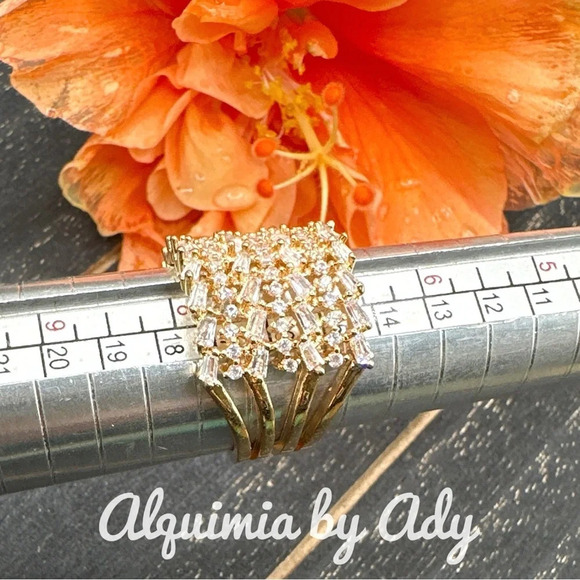 Gold/zirconia pave diamond style chunky lux ring band maximalist adjustable cuff - Picture 4 of 8